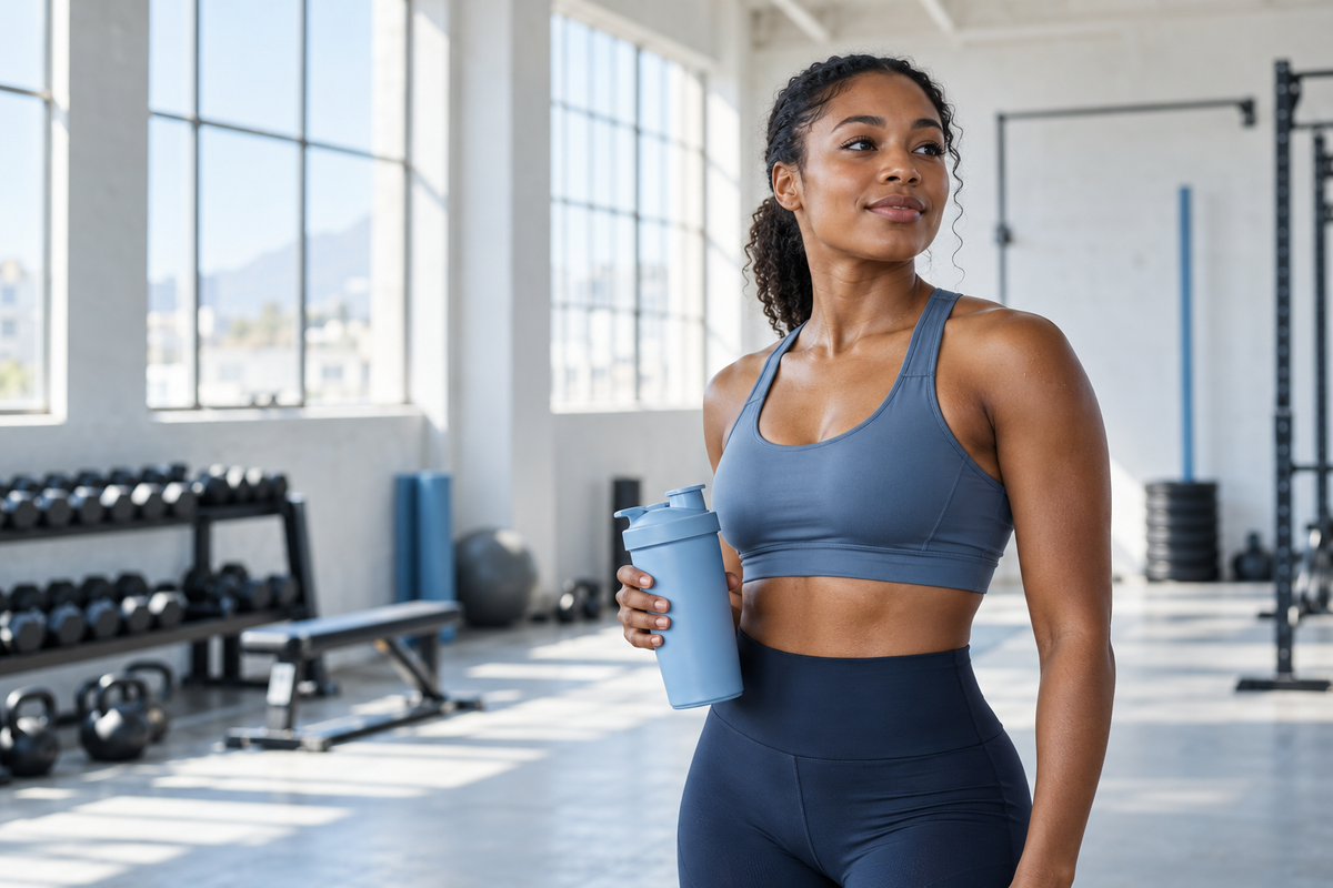 Athlete holding a blue shaker in a bright gym