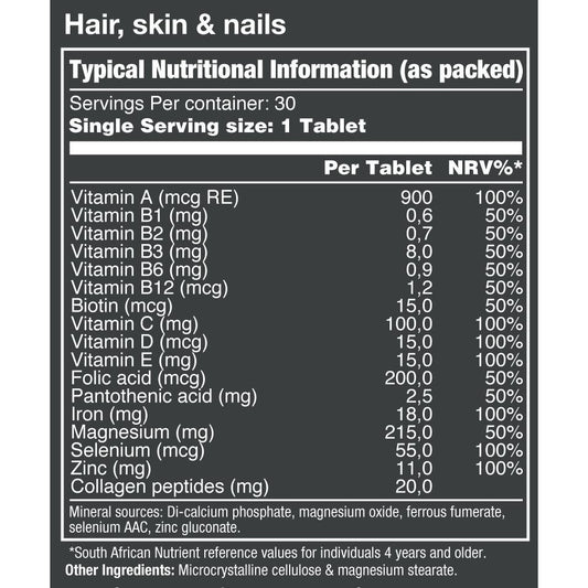 VitaTech Hair Skin and Nails nutritional information label