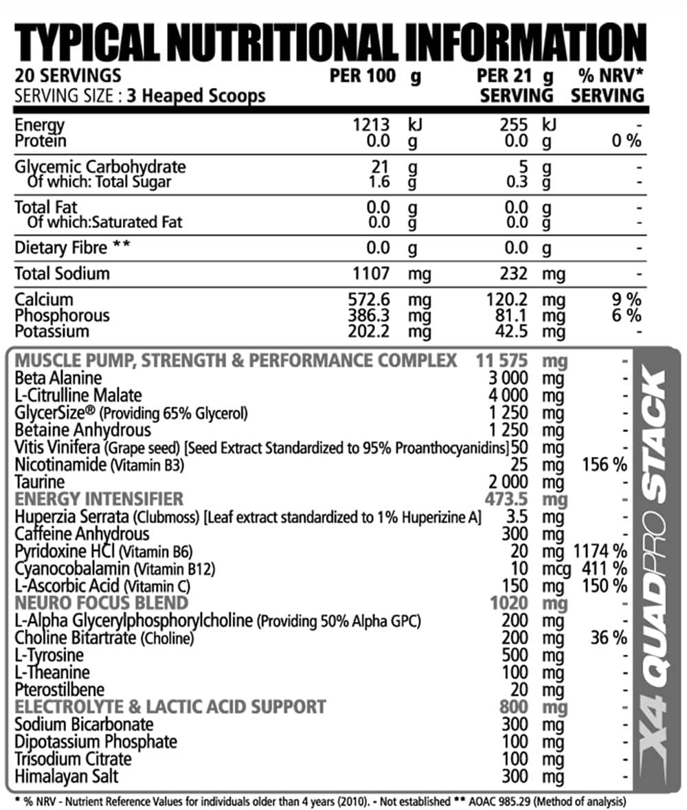 NPL N.O. Charge Pre-Workout nutritional information