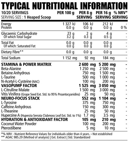 NPL Anarchy Pre-Workout nutritional information