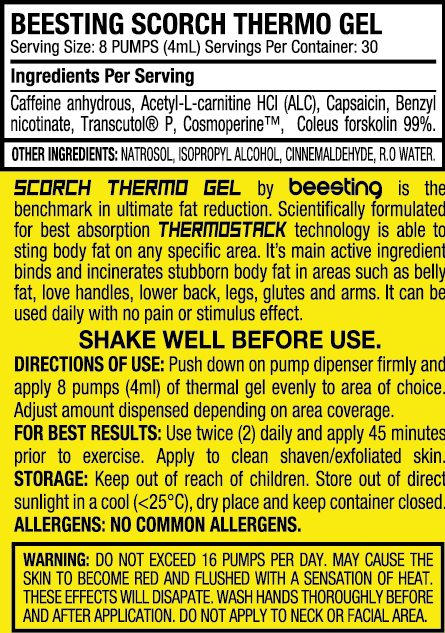 Beesting Scorch Thermo Gel product information label
