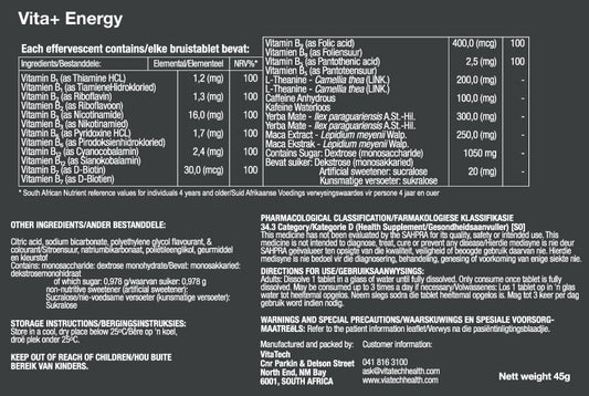 VitaTech Energy Effervescent nutritional information