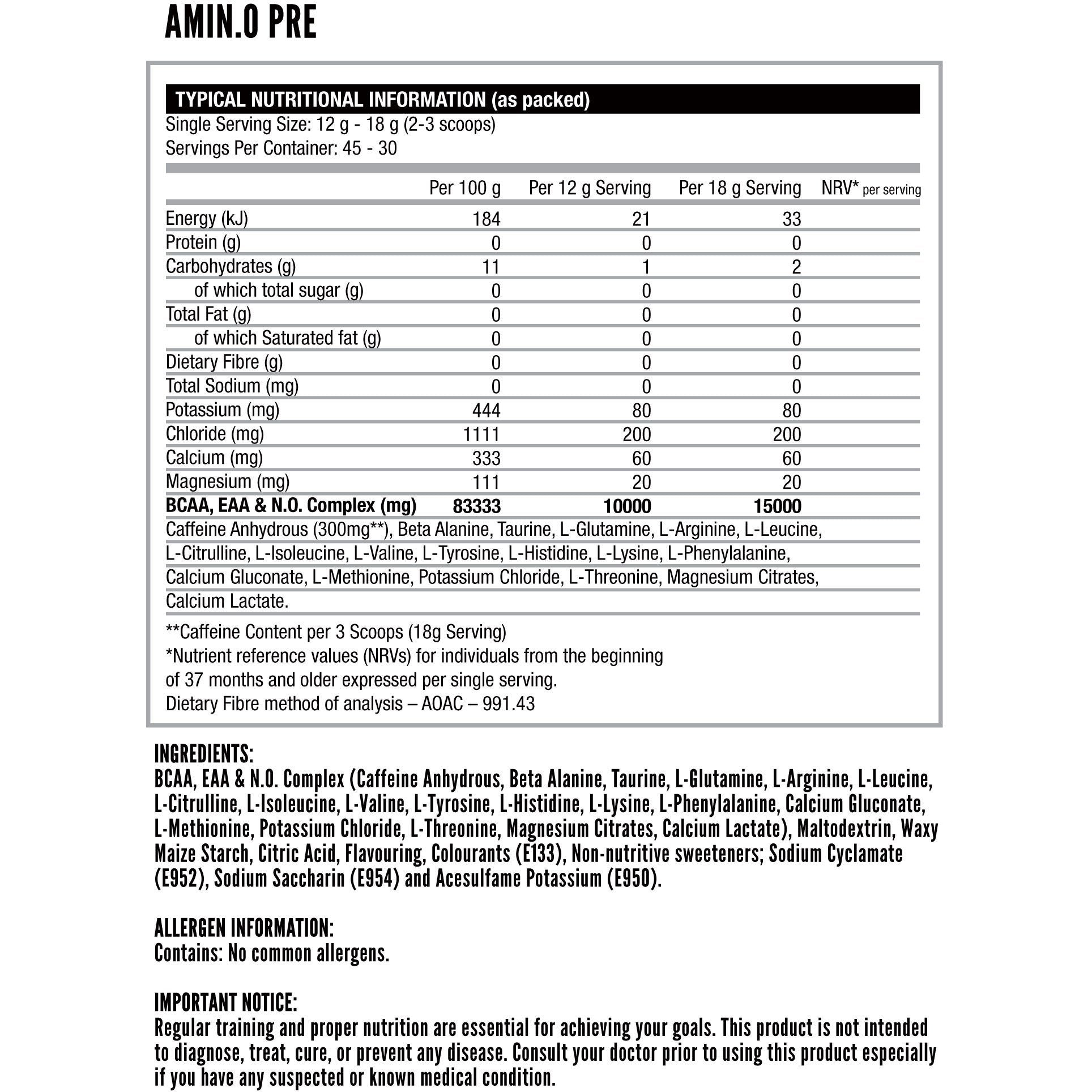 Nutritech AminoPre Drink ingredients