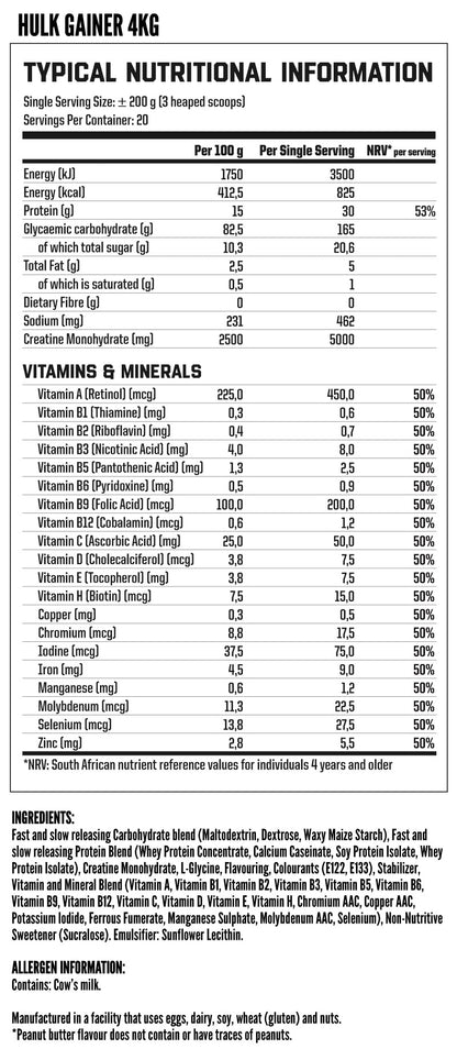 Nutritech Hulk Gainer 4kg nutritional information label