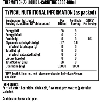 Nutritech ThermoTech L-Carnitine Liquid 3000 nutritional information