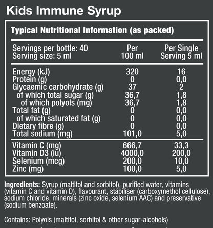 VitaTech Immune Syrup for Kids nutritional information