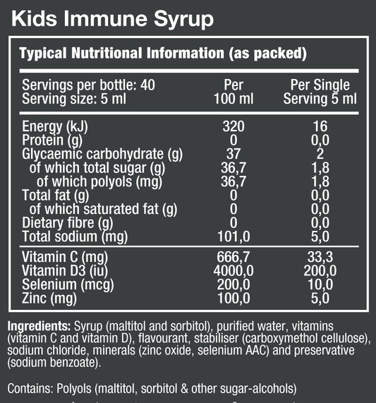 VitaTech Immune Syrup for Kids nutritional information