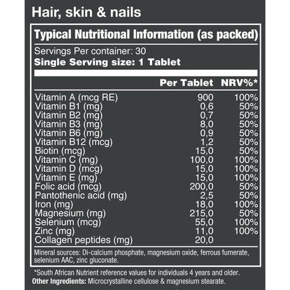 VitaTech Hair Skin and Nails nutritional information label