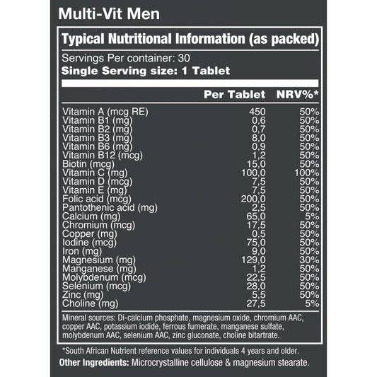 VitaTech Multi-Vit Men nutritional information label