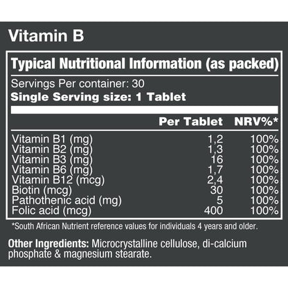 VitaTech Vitamin B nutritional information label