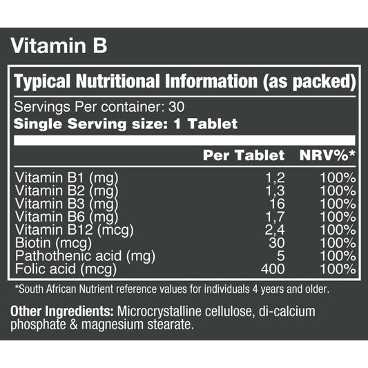 VitaTech Vitamin B nutritional information label